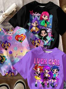 SHEIN Bộ 3 áo thun nữ phong cách thường ngày, họa tiết anime/K-Pop dễ thương, màu tím, nhuộm ombre, đen cá tính, cổ tròn, tay ngắn, thích hợp cho đi chơi, du lịch, xem hòa nhạc, mùa xuân/hè. - Nhiều màu - Xem 3
