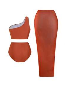 Swim Oasis 大码单肩高腰吊带泳衣套装，带网纱裹裙，三件套度假泳装 - 棕色 - 查看 7