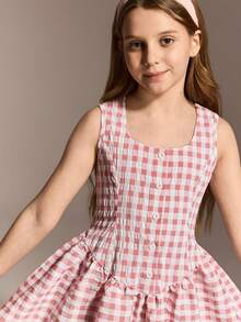 SHEIN Girls' French Style Sweet Pink Plaid Sleeveless Dress, Suitable For School, Gathering, Casual Wear, Spring/Summer - Red - View 5
