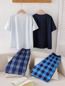 青少年男孩字母印花短袖T恤和格子裤睡衣套装 - 彩色 - 查看 2
