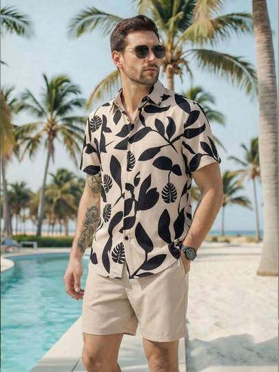 Manfinity Swimmode 男士热带印花短袖衬衫和抽绳短裤沙滩套装，夏季
