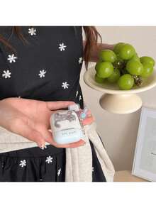 Blue Cap Gray Bow Kitten Illustration Earphone Case + Pendant Set Compatible With Apple Pro3/ Pro2/ Pro/AirPods3/AirPods2/AirPods4 - Baby Blue - View 6