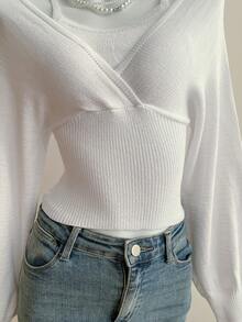 SHEIN EZwear Áo len nữ tay cánh dơi màu trơn dáng ngắn 2 trong 1 - trắng - Xem 5