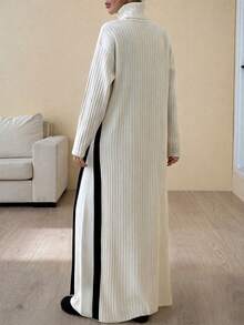 EURMUSE Women Contrast Color Detailed Slit High Neck Long Sweater Dress & Sweater Pants Set - Beige - View 2