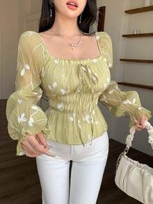 Modelyn Women's Green Woven Embroidered Puff Sleeve Cinched Waist A-Line Elegant Blouse, Spring/Summer - Green - View 5