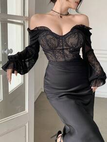 DAZY 女款優雅蕾絲荷葉邊飾襯衫，春夏款，婚禮賓客禮服女式外出上衣 - 黑色 - 查看 1