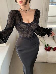 DAZY 女款優雅蕾絲荷葉邊飾襯衫，春夏款，婚禮賓客禮服女式外出上衣 - 黑色 - 查看 5