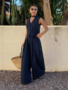 DAZY 女士优雅蕾丝拼接吊带背心和阔腿裤两件套，春夏度假装 - 藏蓝色 - 查看 6