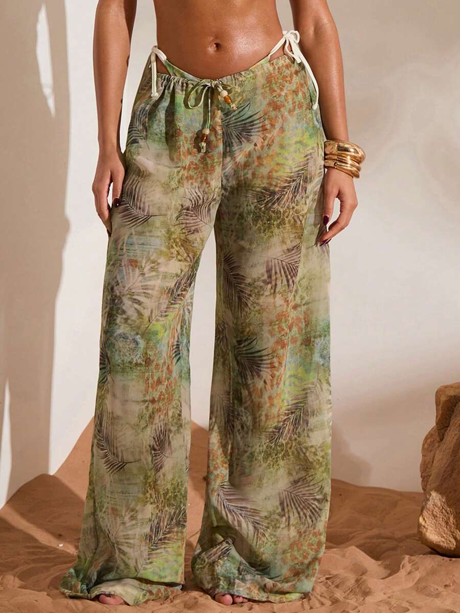 Opulessa Women's Tropical Print Beaded Drawstring Waist Loose Lightweight Wide Leg Coverup & Pants Set, Suitable For Beach Vacation,Casual,Vacation,Vacation Outfits Women,Vacation,Summer Holiday Outfits ,Holiday Outfits For Women,Holiday,Vacation Outfits For Women,Vacation Dress,Elegant,Going Out,Party,Beach,Beach Shorts,Beach Outfits For Women,Beach Skirt,Beach Set,Beach Outfit,Beach Outfit For Women,Summer,Summer Clothes,Summer Holiday Outfits,Flower,Graphic,Carmaval,Carnival