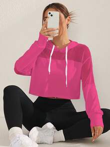 Sovereign Charm Women's Casual Patchwork Fishnet Drawstring Hooded Sweatshirt, Autumn - Pink - View 1