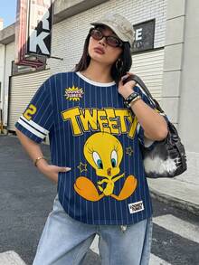 LOONEY TUNES X SHEIN 大码条纹字母卡通图案圆领短袖T恤 - 白色 - 查看 7