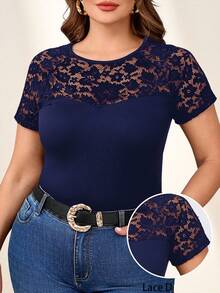Reflora Plus Size Elegant Round Neck Contrast Lace T-Shirt - Navy Blue - View 1