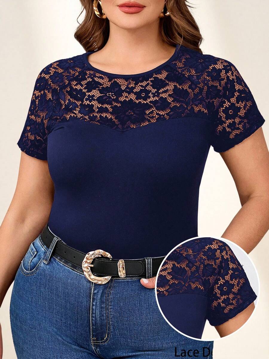 Reflora Plus Size Elegant Round Neck Contrast Lace T-Shirt - Navy Blue - View 1