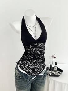 Elamini Casual Versatile Deep V-Neck Ruched Black Lace Bodysuit - Black - View 4