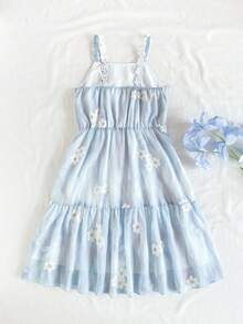 SHEIN Vintaside Kids 少女亮黄色纹理花卉吊带装饰夏季度假连衣裙 - 藍色 - 查看 2