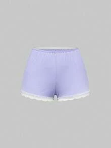 ROMWE Ribbed Lace Camisole & Shorts Casual Pajama Set - Mauve Purple - View 8