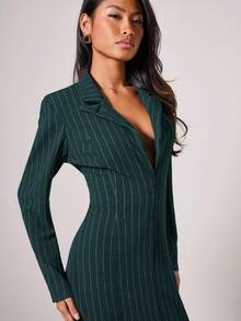 COSMINA Women's Striped Lapel NeckLong Sleeve Fitted Mermaid Hem Elegant Mid-Length Dress - Dark Green - View 5