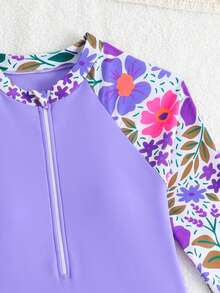 SHEIN Tween Girls' Summer Vacation Beach Floral Print Zipper Halter One-Piece Swimsuit - Purple - View 4