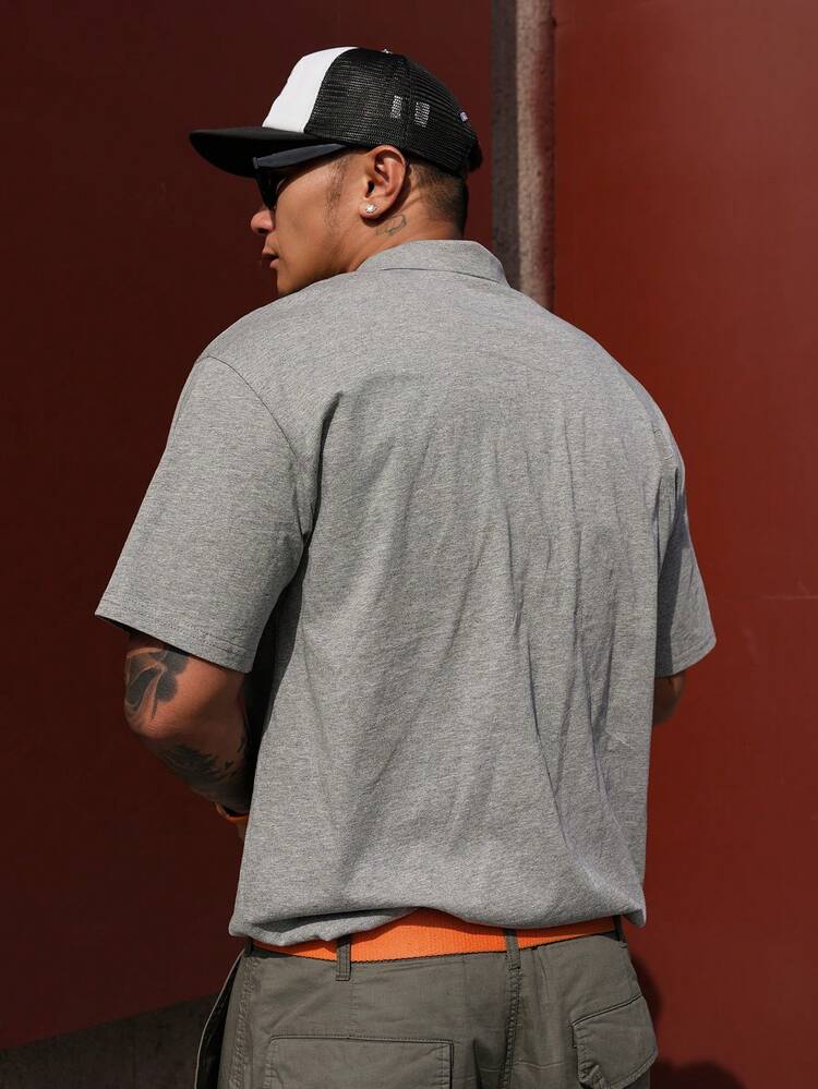 Men's Letter Print Half-Zip Grey T-Shirt, Summer