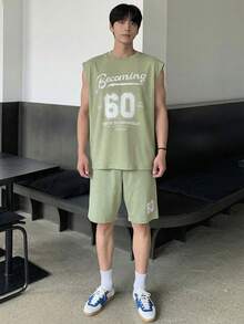 DAZY Green Letter Print Tank Top And Shorts Set For Men, Spring/Summer - Green - View 4