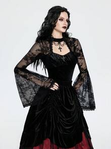 Breakform Women's Gothic Sexy Elegant Round Neck Hollow Metal Cross Decor Velvet Contrast Lace Flare Sleeve Crop Top