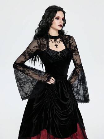 Breakform Women's Gothic Sexy Elegant Round Neck Hollow Metal Cross Decor Velvet Contrast Lace Flare Sleeve Crop Top