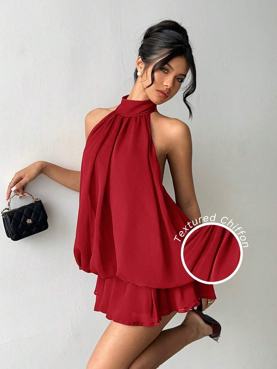 Aloruh 女士优雅浅黄色吊带系带迷你连衣裙 - 紅色 - 查看 1