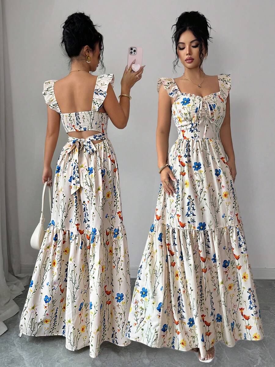 SHEIN Elenzya 女士方领蝴蝶袖连衣裙，时尚印花，露背腰带设计显瘦，优雅度假风，适合夏季日常、通勤、约会、晚餐等场合，百搭连衣裙 - 彩色 - 查看 1