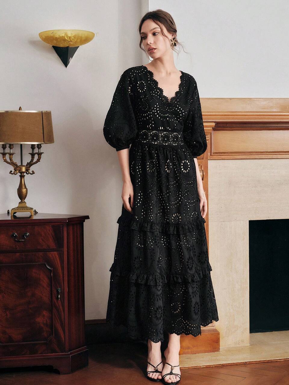 Anewsta Elegant Design Hollow Embroidery Puff Sleeve V-Neck Splice Lace Layered Ruffle Hem Black Dress For Women