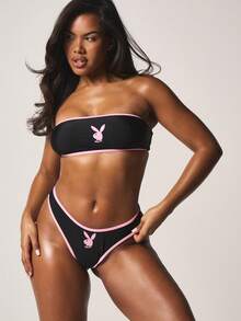 Missguided x Playboy 抹胸撞色包边两件套，高腰泳裤搭配无肩带上衣，夏季海滩度假泳装系列 - 黑色 - 查看 4