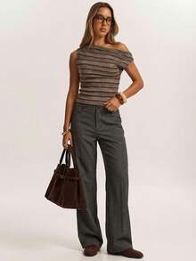 SHEIN BAE Camiseta de mujer con hombros asimétricos a rayas de estilo Y2K, versátil y de moda, para verano, vacaciones de primavera, salir, blusas casuales de mujer, vacaciones de verano, estilo de los 2000, top marrón - Caqui - Ver 4