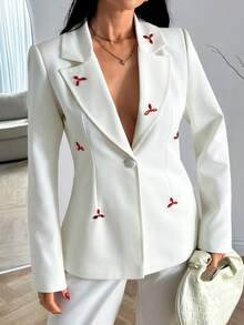 EURMUSE Women Red Color Rhinestone Detailed Blazer Jackets - White - View 6
