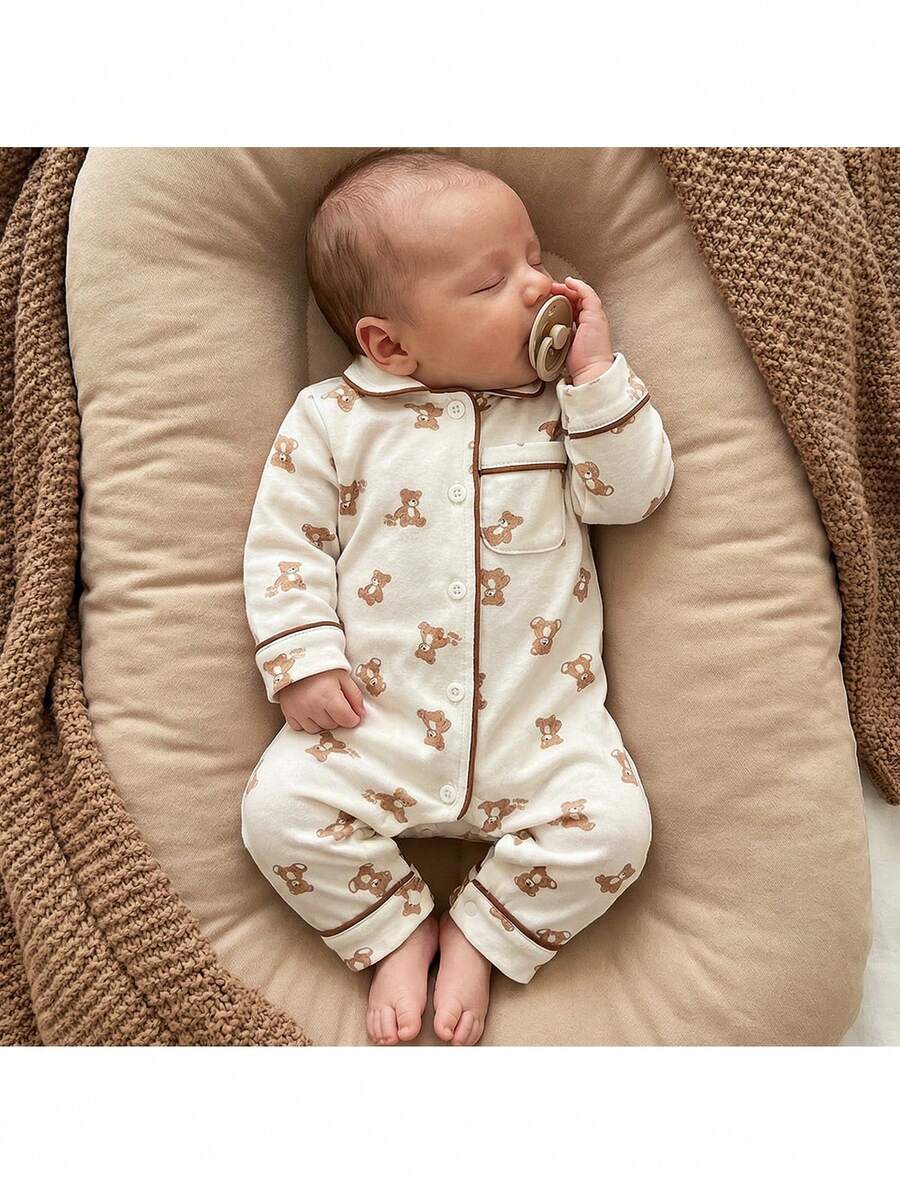 Loomiva 新生女宝宝卡通动物图案针织柔软领长袖连体衣套装 - 卡其色 - 查看 1
