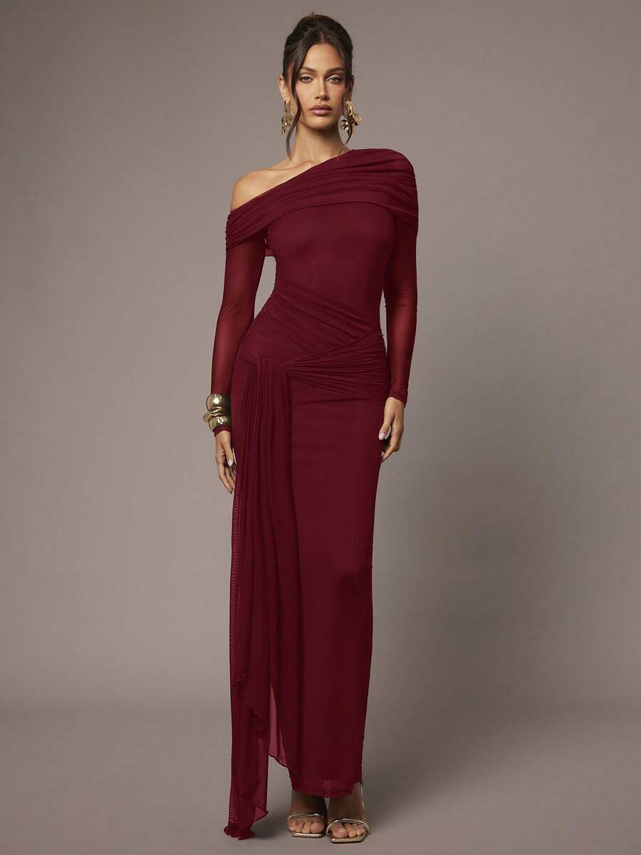 Silquee 不对称肩部褶皱透视网纱飘逸优雅性感女式连衣裙，适合情人节、圣诞节、约会、外出、夜店派对、秋冬季聚会等场合。 - 酒紅色 - 查看 1