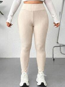 SHEIN EZwear 大码休闲百搭高腰卡其色打底裤 - 杏色 - 查看 4