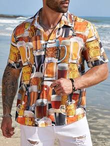 ResortEase 男士加大码啤酒印花短袖纽扣衬衫，适合度假、海滩穿着，男士度假衬衫，男士夏威夷印花衬衫，男士夏季衬衫 - 彩色 - 查看 7