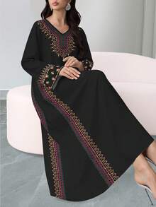 SHEIN Najma 女士复古图案花卉数码印花仿刺绣V领长袖优雅阿拉伯风长连衣裙，春秋季 - 彩色 - 查看 3