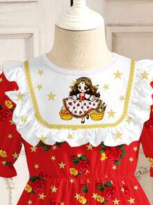 SHEIN Đầm công chúa kiểu dáng vintage dễ thương với họa tiết ngôi sao và hoa hồng, thích hợp cho bé gái mặc thường ngày vào mùa xuân/hè. - Nhiều màu - Xem 4