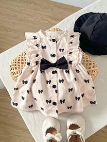 SHEIN 1pc Newborn Baby Girl Round Neck Sleeveless Bow Tie Print Button Up Black And Apricot Cute Casual Vest Dress With Round Hat, Suitable For Summer Outings Or Travel - Black and White - View 5