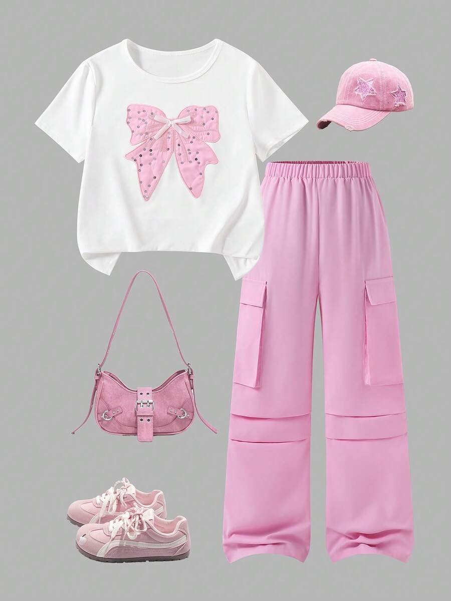 SHEIN ChillGRL Bộ 2 món cho bé gái tuổi teen: Áo tay ngắn thêu nơ dễ thương kiểu đường phố và quần cargo nhiều túi. - Hồng - Xem 1