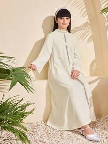 Tween Girl Mandarin Collar 3D Floral Decor Casual Minimalist Daily Wear Bell Sleeve Dress - White - View 4