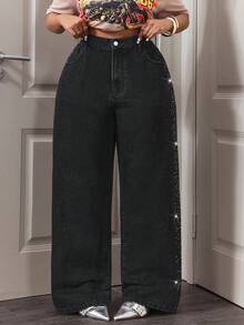 Slaydiva Quần jeans nữ cỡ lớn cạp cao có túi, đính đá, ống rộng, dáng suông, phong cách thường ngày. - màu đen - Xem 8