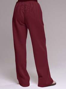 MUSERA 植绒阔腿慢跑裤运动套装下装，冬季可爱休闲舒适运动裤套装下装，春季酷女孩休闲舒适可爱 - 酒紅色 - 查看 5