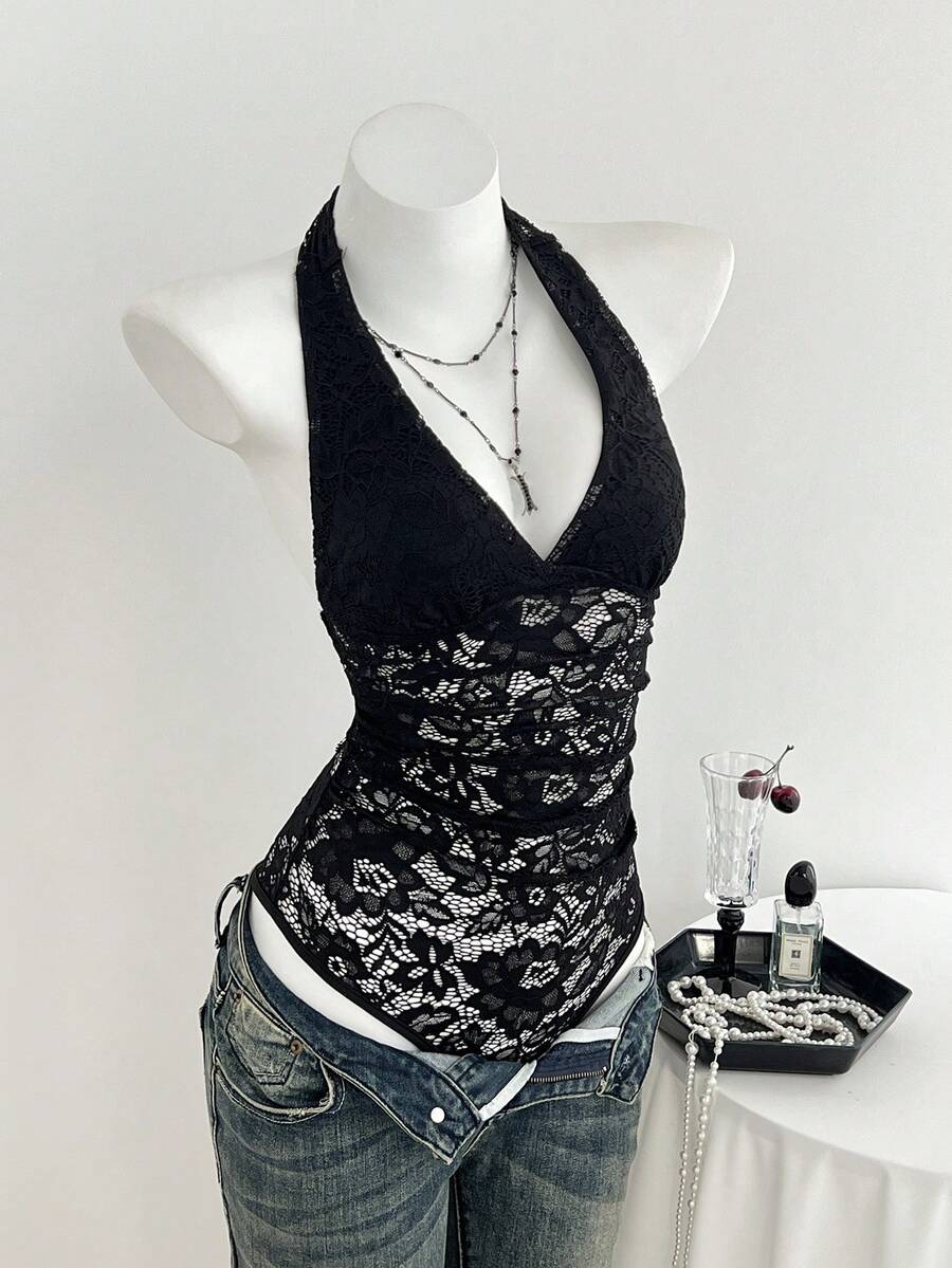 Elamini Body de encaje negro con cuello en V profundo y drapeado, de uso versátil y casual - Negro - Ver 1