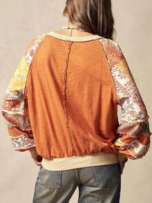 Bohemela Áo sweatshirt dài tay cổ tròn dáng rộng, phối họa tiết chắp vá, thích hợp cho nữ, phù hợp cho Ngày Valentine, lễ hội âm nhạc, phong cách đồng quê cổ điển. - trái cam - Xem 7