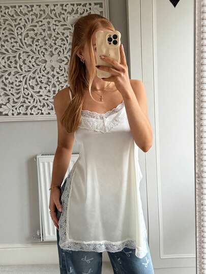 CovetEZ Women's Casual Clothing 2026 New Arrival - Sweet And Casual Valentine's Day Style - Solid Color Satin Lace Patchwork Fashion Lace Side Slit Camisole Long Top