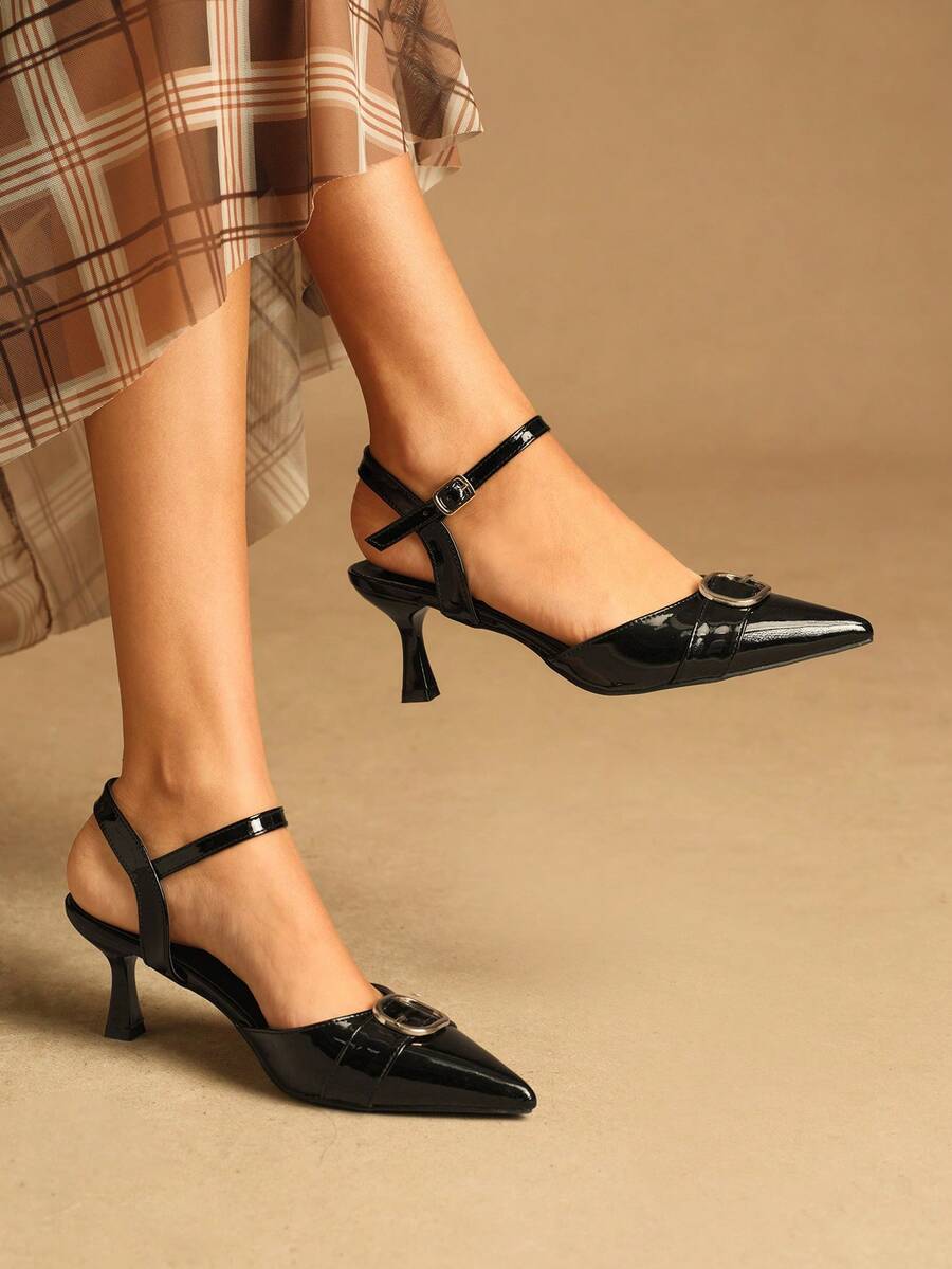 Rosivie 女士时尚优雅通勤纽扣尖头高跟鞋 - 黑色 - 查看 1