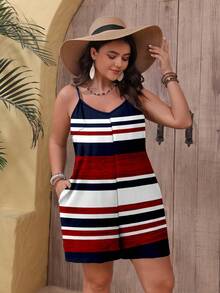 EMERY ROSE Plusstorlek damklänning med kontrasterande randigt tryck, lämplig för sommarsemester - Multifärgad - Visa 6