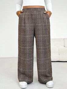 SHEIN PETITE CURVE Plus Size Casual Plaid Straight Leg Pants Curve Pants, Daily Life, Commuting, Parties, Graduation, Office, Dating, Spring, Going Out, Casual For Women - Multicolor - View 4