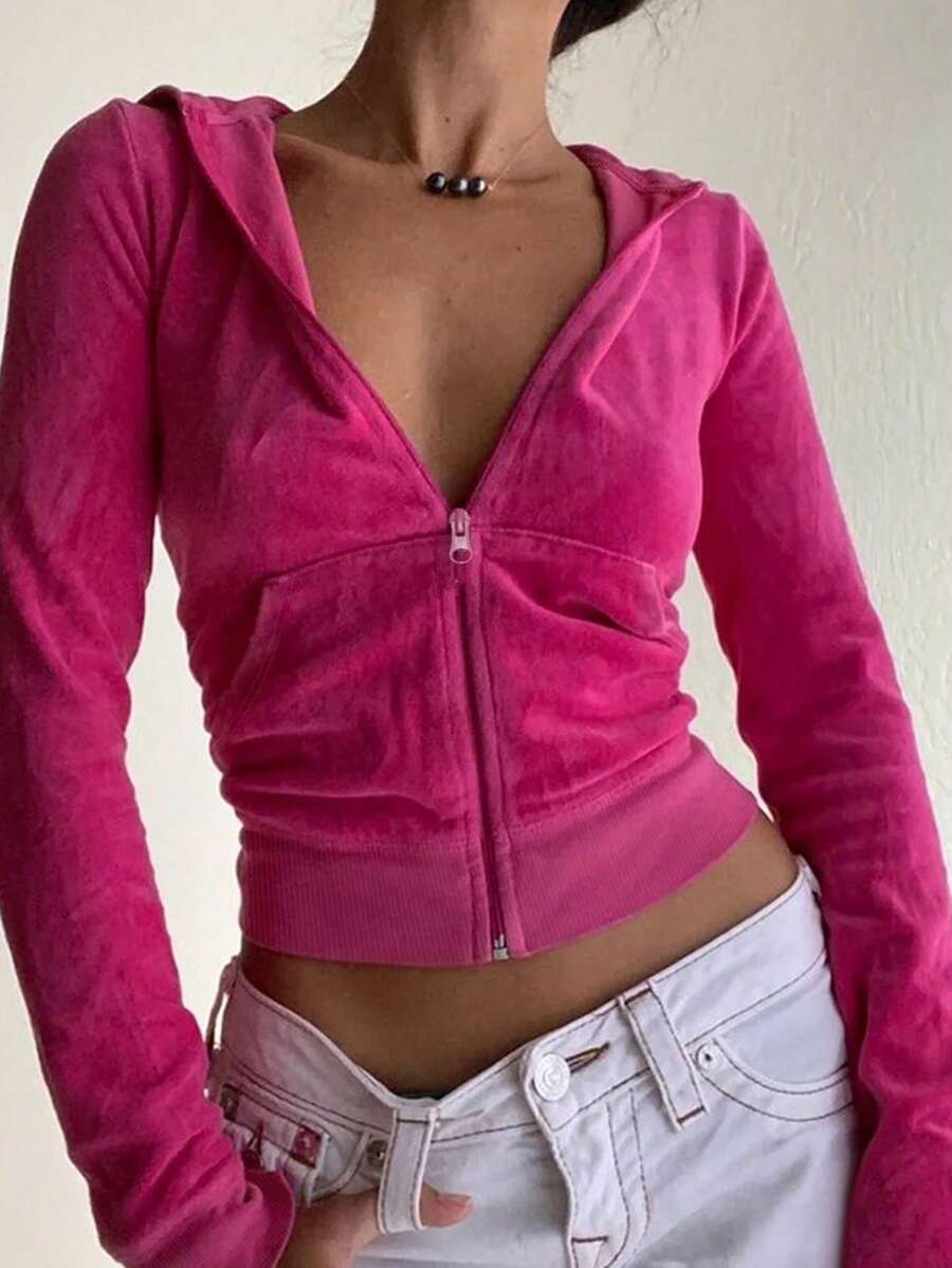 INAWLY Women's Solid Color Zip Front Hooded Sweatshirt With Pockets, Spring/Autumn Graduation,Back To School,Graduation,Teacher For Women,Back To School Fall, Christmas - Hot Pink - View 1